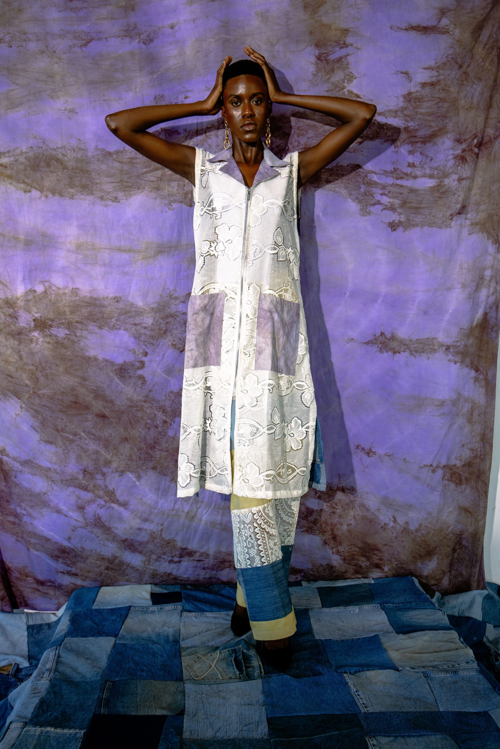 Lace Sleeveless Jacket with Dyed Fabric Detail & Pants