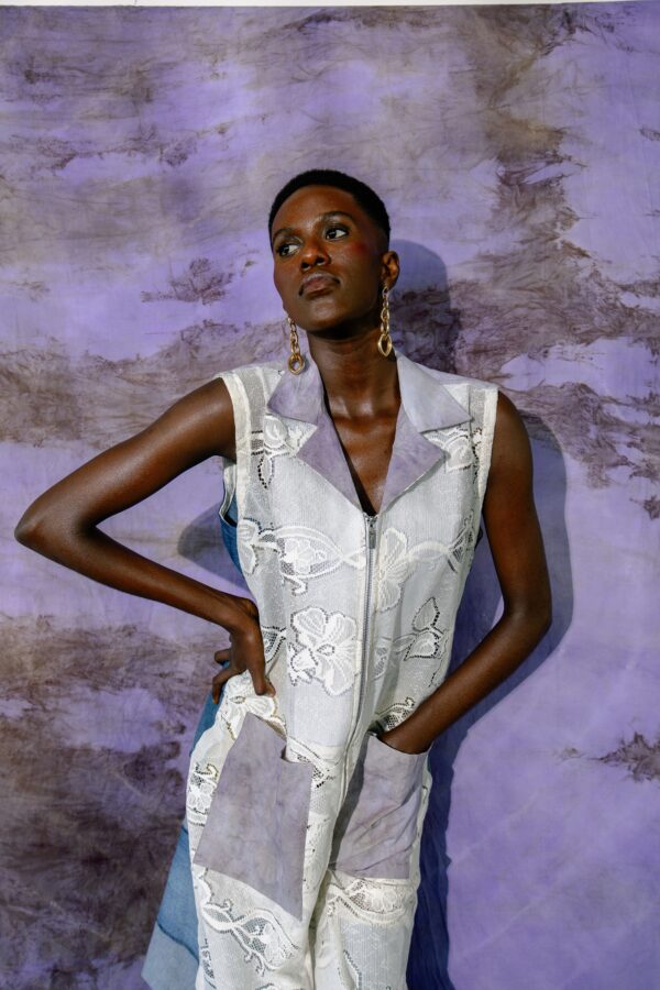 Lace Sleeveless Jacket with Dyed Fabric Detail & Pants - Image 2