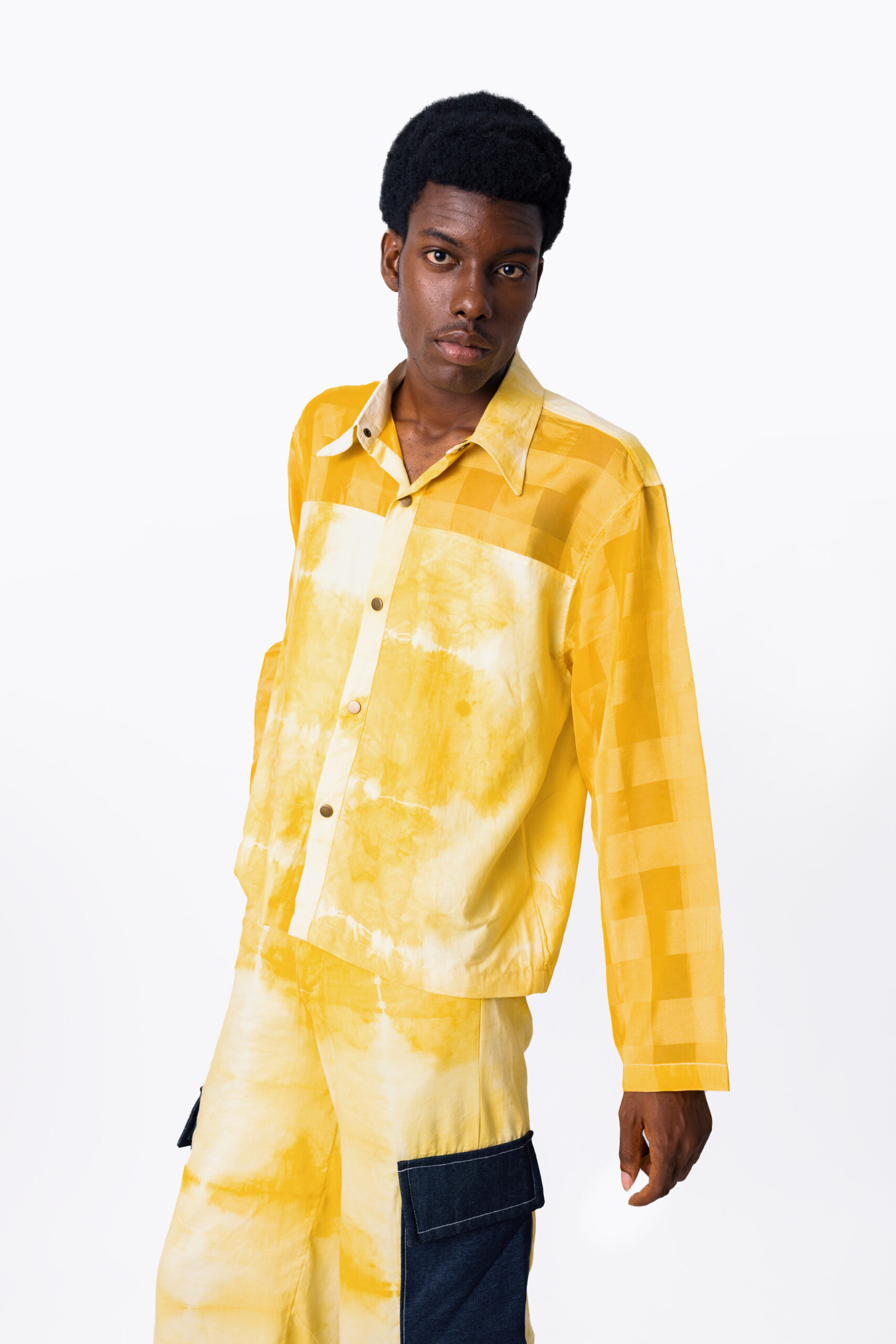 Tumeric Dyed Top with Sheer Long Sleeves Shirt